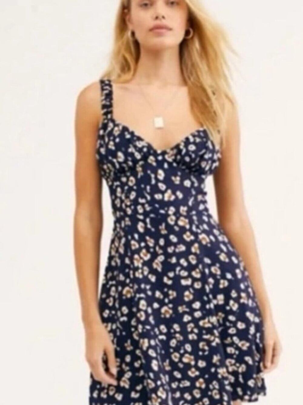 Free People French Femme Mini Dress Navy Blue Floral Smocked Back - S